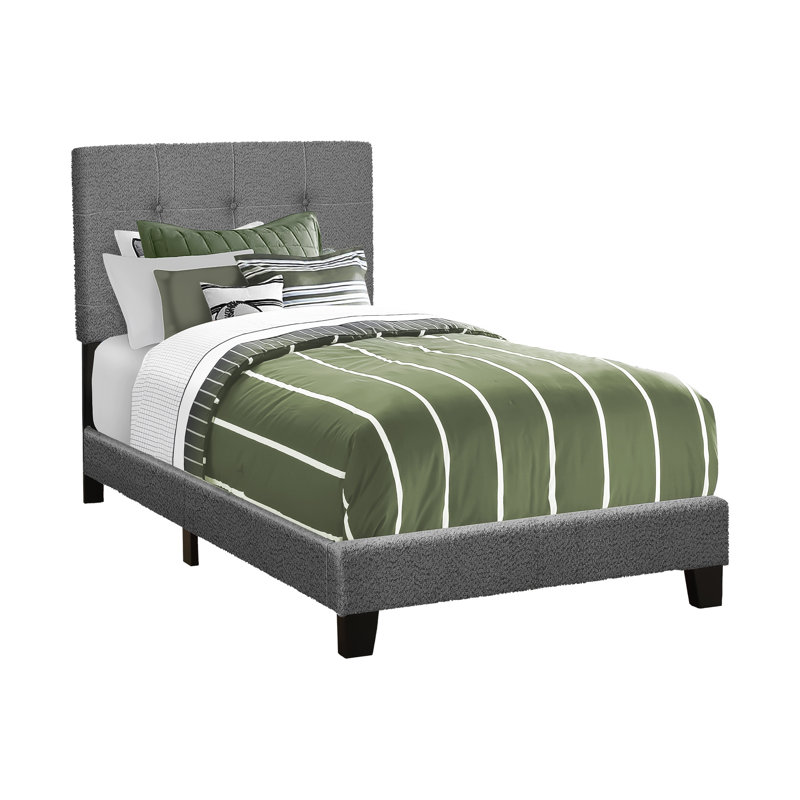 Structure de lit tapissier pour lit simple pour adolescent avec bouclier gris foncé - aspect transitionnel, bois d'ingénierie massif, lattes de bois et tête de lit à boutons avec rembourrage épais pour un sommeil confortable