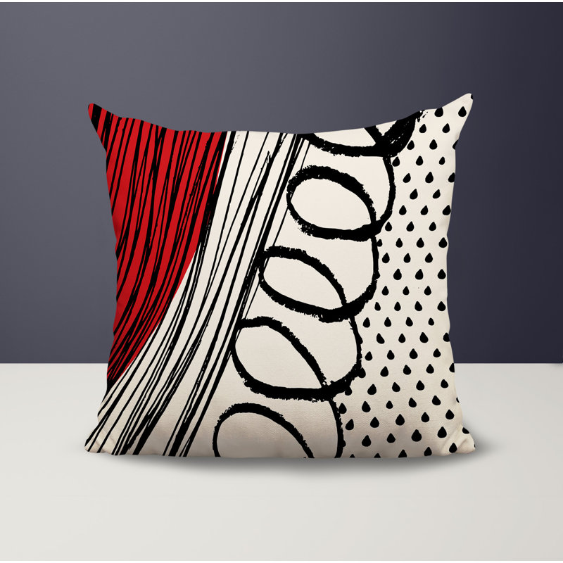 Oreiller carré réversible intérieur / extérieur Toba, H 15 po x l 15 po, Rouge / noir / blanc cassé abstrait