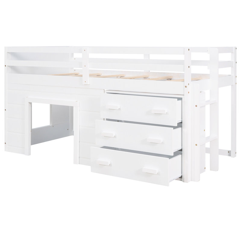 Lit mezzanine simple en bois massif - blanc, avec armoire et tablette pour une utilisation pratique