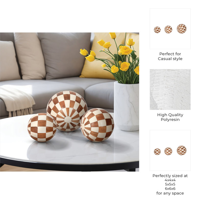 Jahlisa Modern Resin Orbs with Geometric Design, Decorative Polyresin Accent - Set of 3, Ivory/Natural