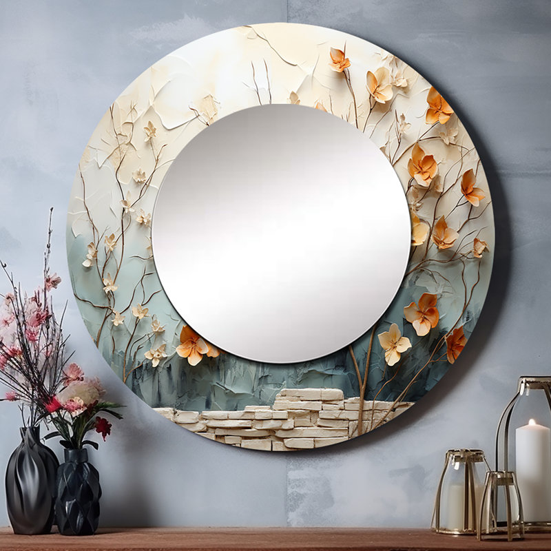 «Sarla Peach Grey Tree Tree Whispering Maple I», miroir décoratif érable, grand miroir mural rond pêche, impression d'art en métal