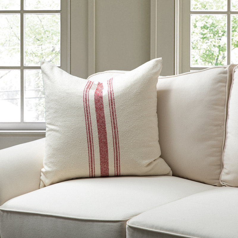 Housse de coussin carré en mélange de coton French Stripe, Blanc /Rouge