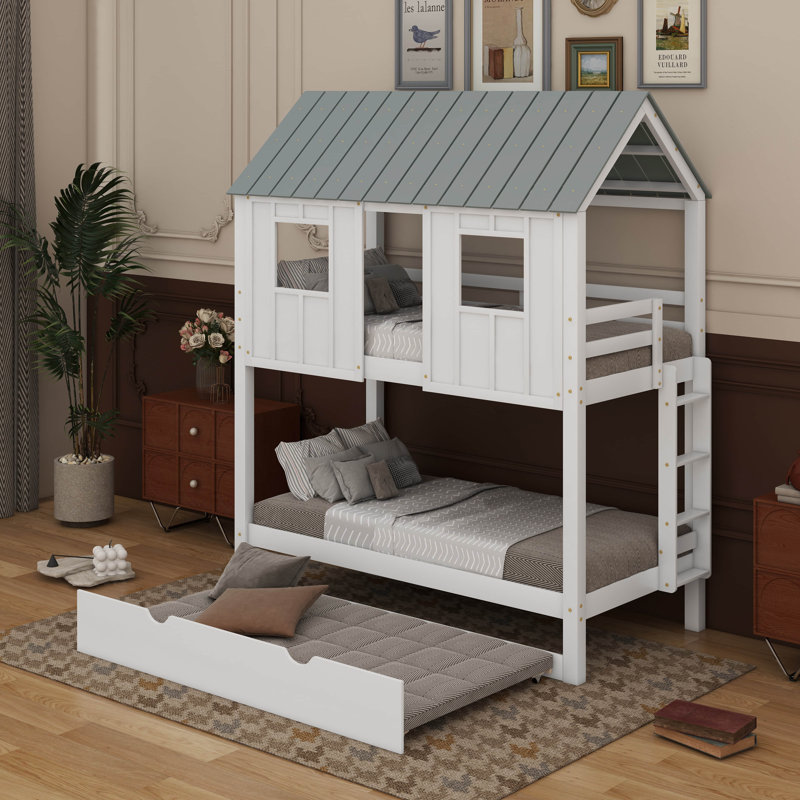 Twin Size House Bunk Bed With Trundle,Roof And Windows