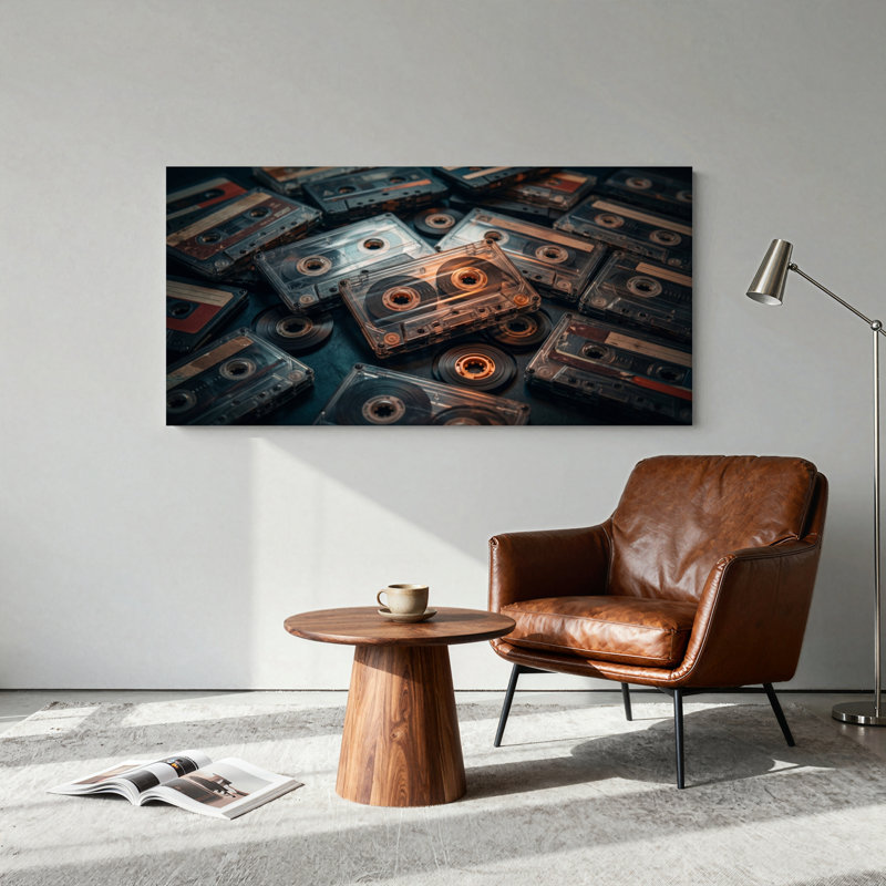 Ensemble de 1 tableau sur toile représentant des cassettes audio, L 32 po x H 16 po, Toile tendue