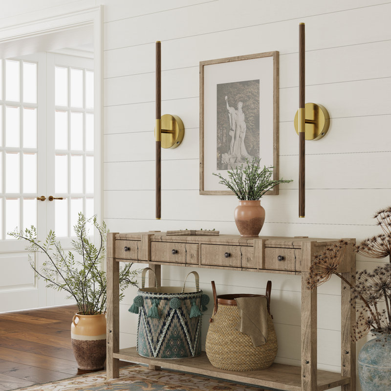 Battery Operated Wall Sconces with Remote Control, 24'' LED Flush Mounted Sconces, Walnut/Gold