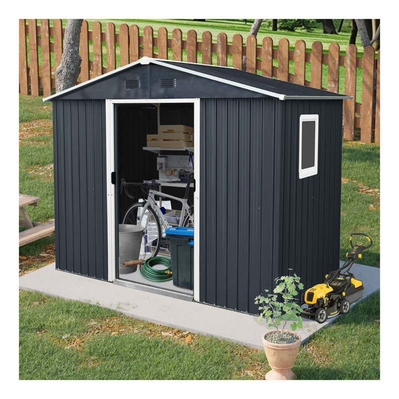 Remise de rangement extérieure en métal 8 pi x 4 pi avec fenêtre et fondation en métal pour la cour, le patio et la pelouse (noir et blanc)