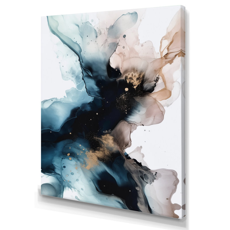 Bleu et noir pierre fluide I - art abstrait sur toile marbrée, H 32 po x l 24 po x P 1 po, Toile tendue