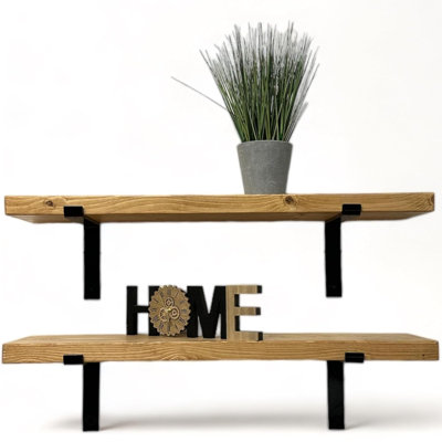 Set Of 2 Handcrafted Tudor Wooden Wall-Mounted Floating Shelves With Black L Brackets, Made From Solid Timber Shelf