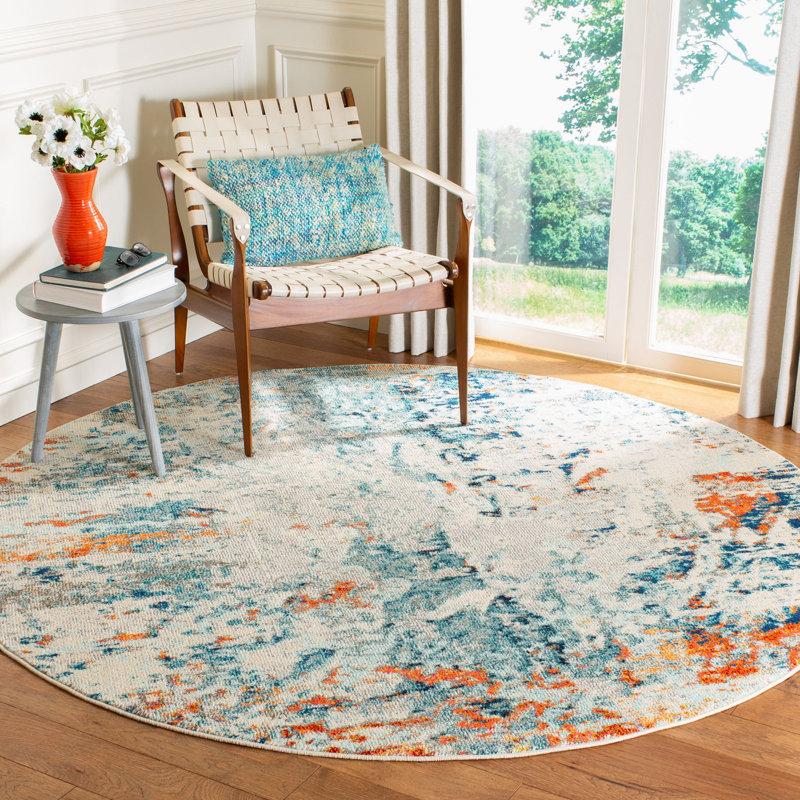 Felty Abstract Cream/Orange/Blue Rug, Round 5'