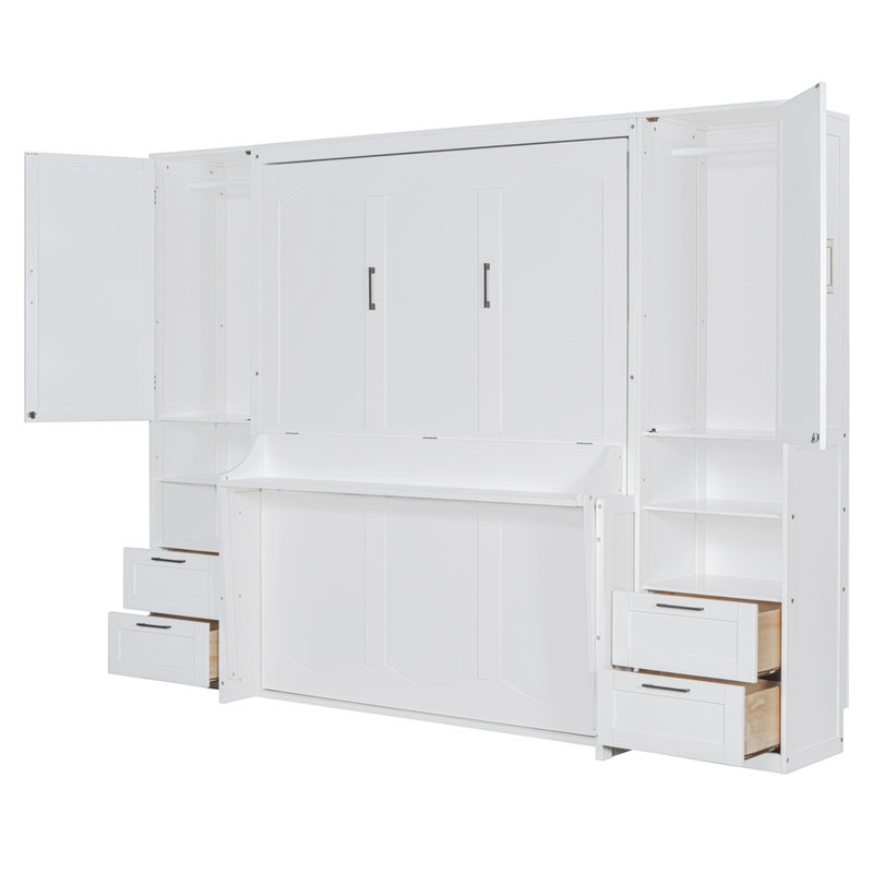 Grand lit escamotable mural avec placard, tiroirs et tablettes, blanc, Blanc
