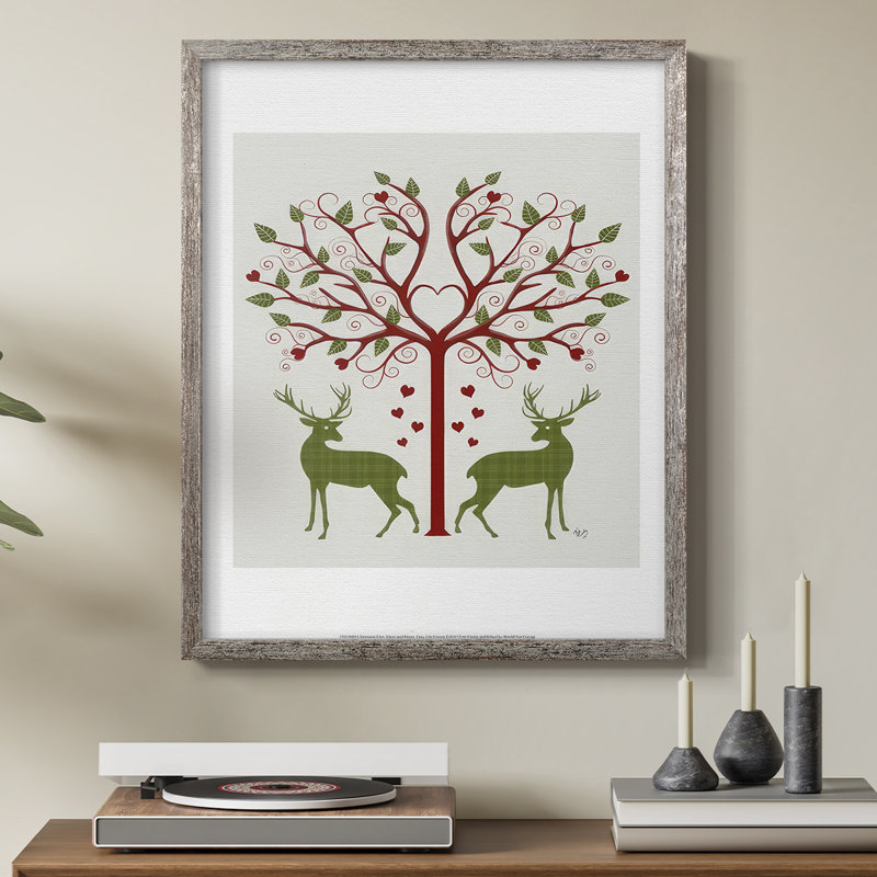 «Christmas Des Deer and Heart Tree», reproduction encadrée crème - bois massif