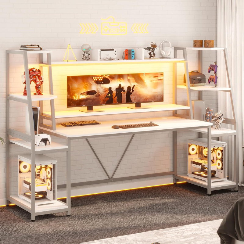 Bureau de jeu de 78,8 po avec lumières à DEL, huche et tablettes de rangement, grand bureau d'ordinateur avec support pour écran, poste de travail de jeu PC pour le salon de la chambre à coucher, blanc
