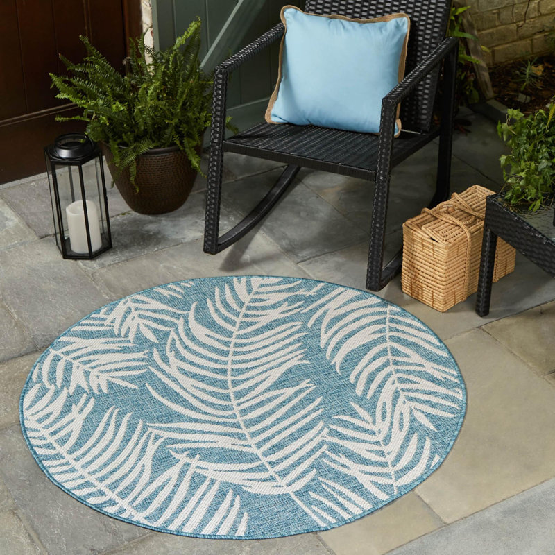 Tapis intérieur / extérieur bleu sarcelle en polypropylène tissé à la machine Pinion, Rond 10pi