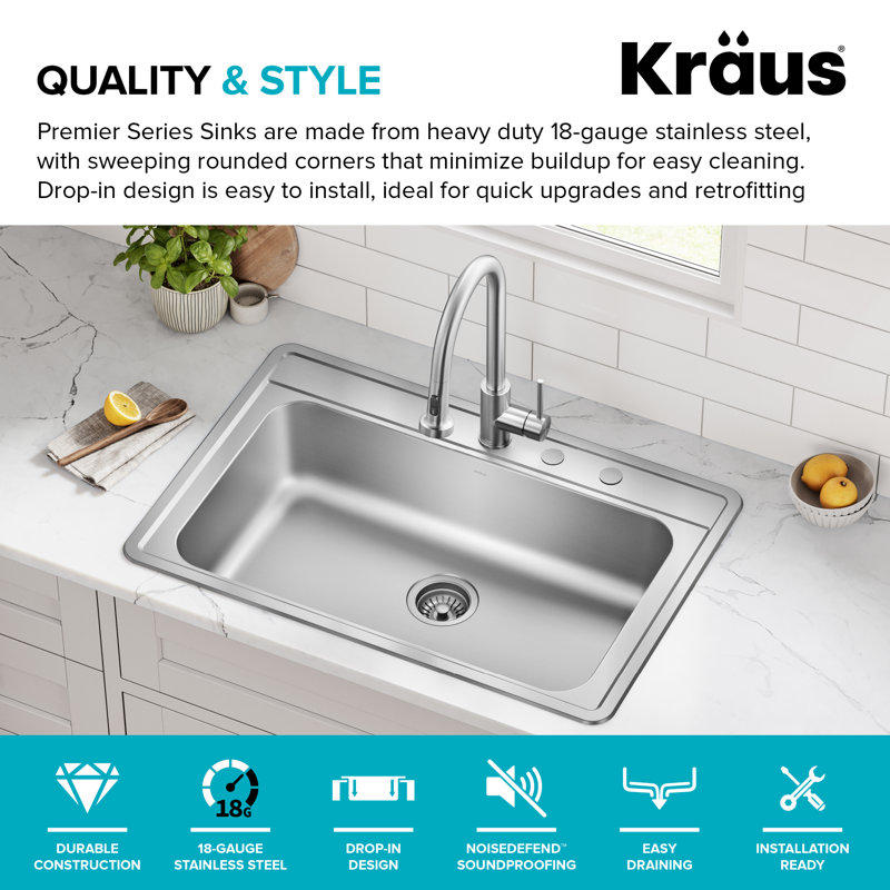 KRAUS Premier 33” Drop In / Top Mount Single Bowl 18-Gauge Stainless Steel Kitchen Sink, 33", Single Bowl
