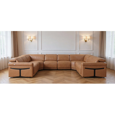 Chestnut Italian Leather Power Reclining U Shaped Eight Piece Corner Sectional With Console