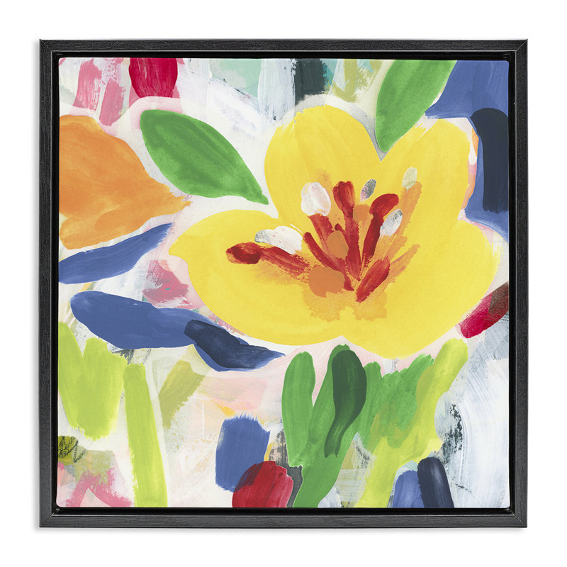 Cadre flottant jaune vif avec fleurs, conception de June Erica Vess, H 18 po x l 18 po, Cadre flottant noir de jais
