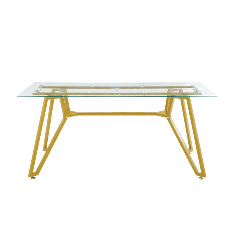Table de salle à manger Boykin en verre doré moderne avec surface lisse, pieds en métal et pieds coulissants, idéale pour une utilisation contemporaine