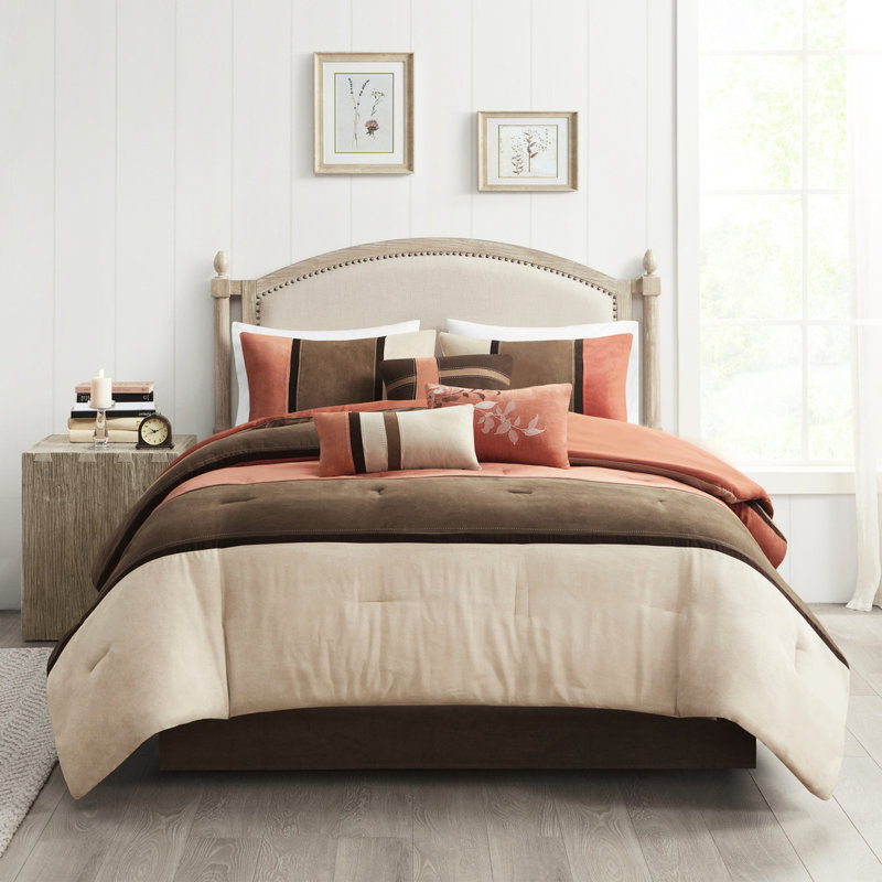 Édredon pour grand lit 7 pièces - Faux suède corail, 2 taies décoratives, 1 coussin décoratif, 1 jupe de lit, Corail