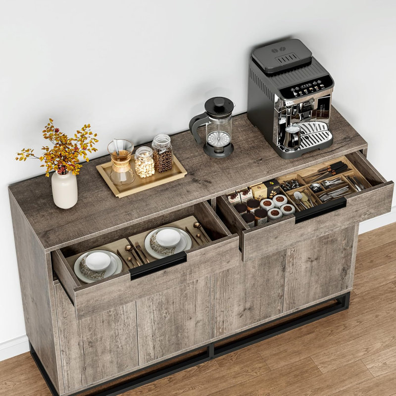 Kitchen Buffet Cabinet 55 Inch Large Modern Sideboard with 2 Drawers and 4 Doors, Coffee Bar Buffet Table for Kitchen and Dining Room, Gray