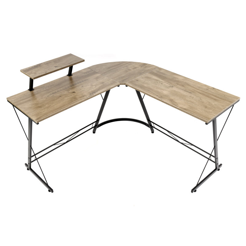 Sewn Oak Laminate and Black Steel L-Shape Home Office Desk