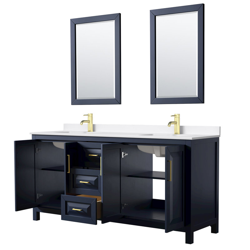 Daria 72'' W Vanity, White Quartz, Blue, Brushed Gold