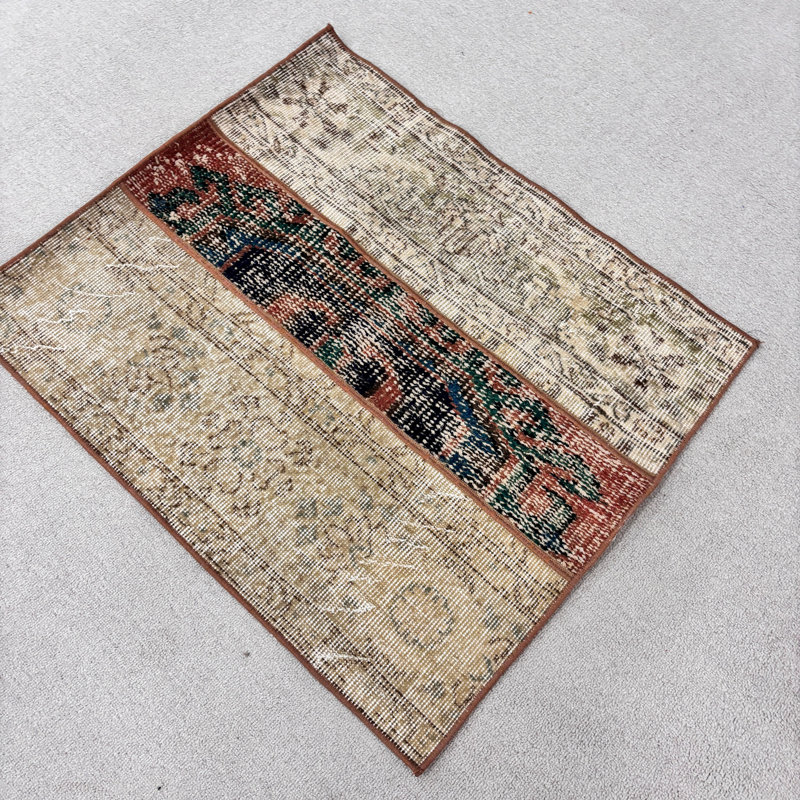 Tapis rétro en laine beige, motif géométrique 28,3 x 32,7 pouces