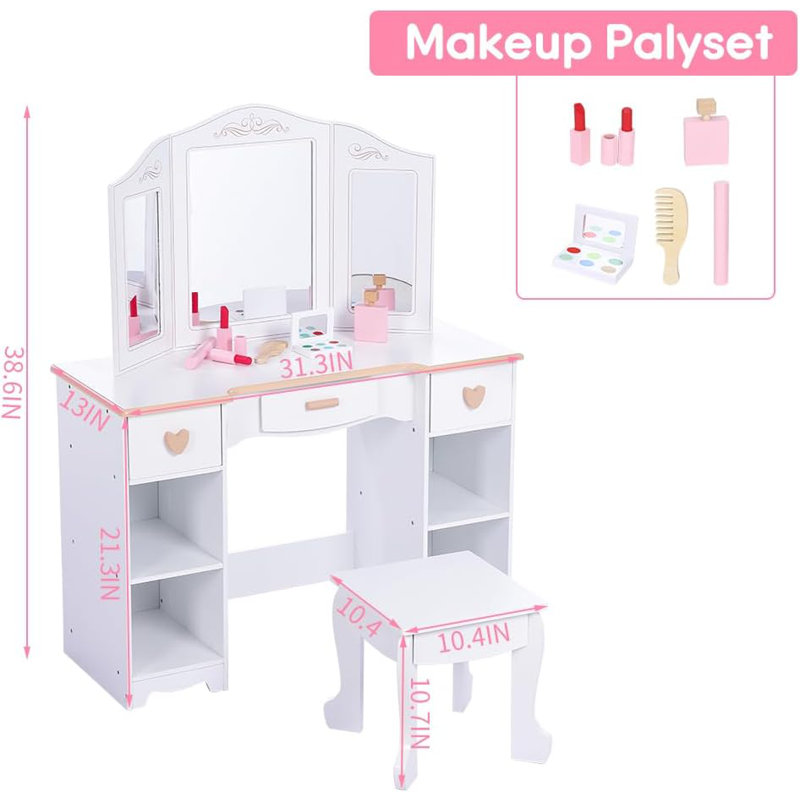Kids Vanity Set Princess Vanity Table with Detachable Tri Fold Mirror Makeup Playset