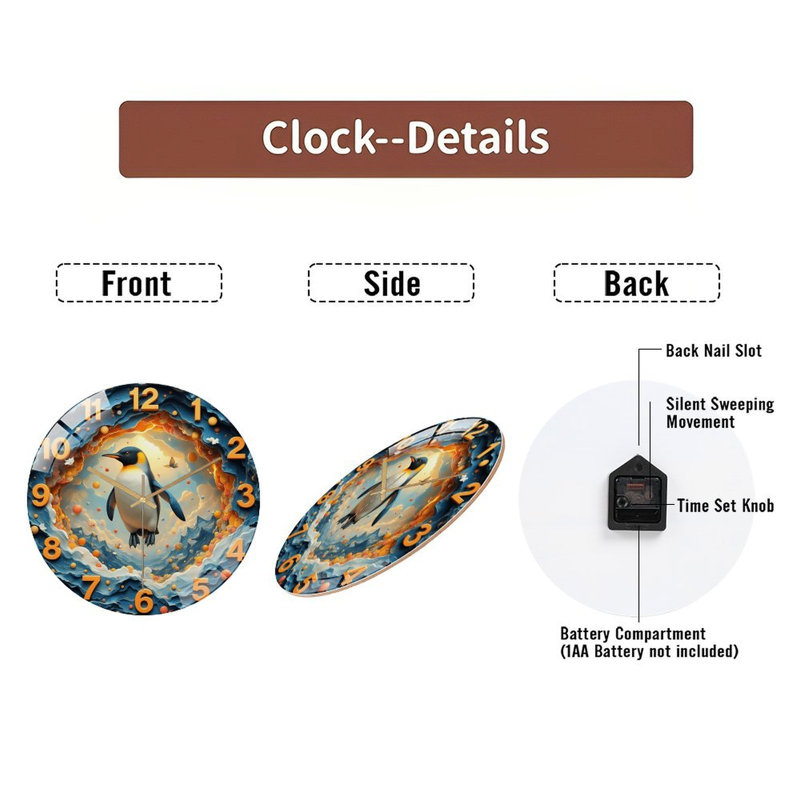 Horloge murale créative en forme de pingouin coloré 12 po