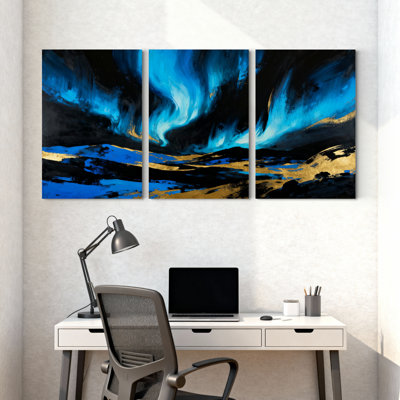Abstract Blue Sky Dark Clouds Golden Hills Reflection Water Set of 3 Canvas Wall Art Prints