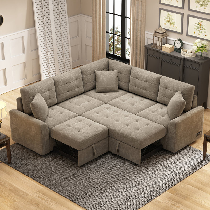 82.6" L-Shape Sofa Bed Pull-Out Sleeper Sofa With Wheels, Khaki Velvet