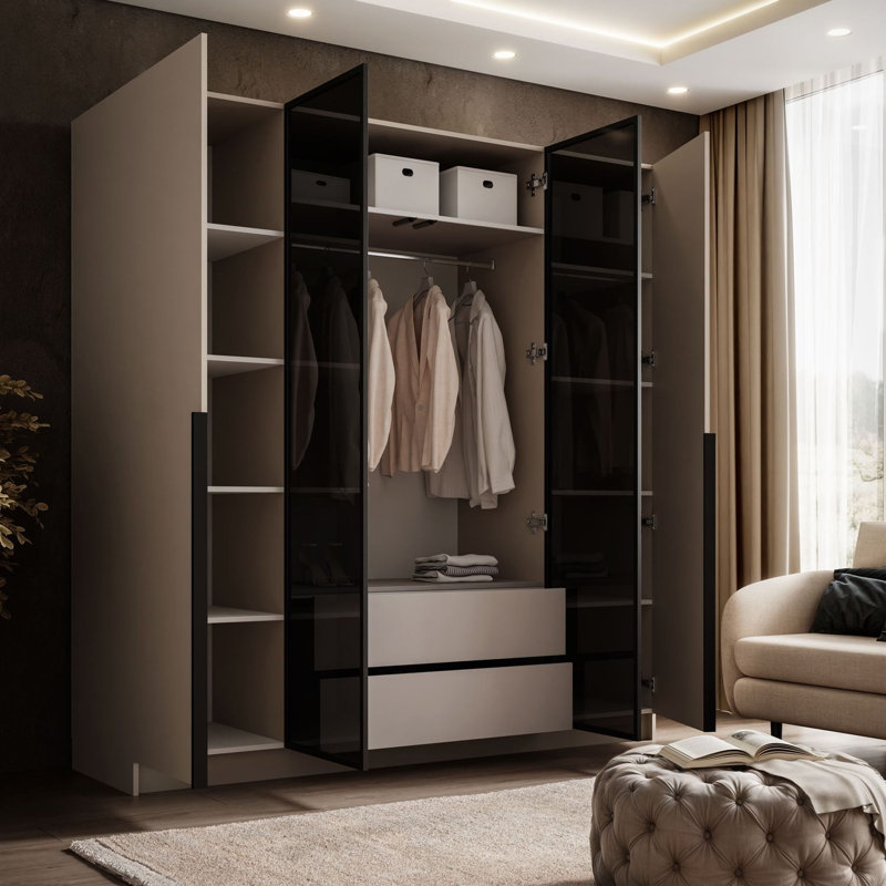 4 Door Glass Wardrobe, Edge handles in black color