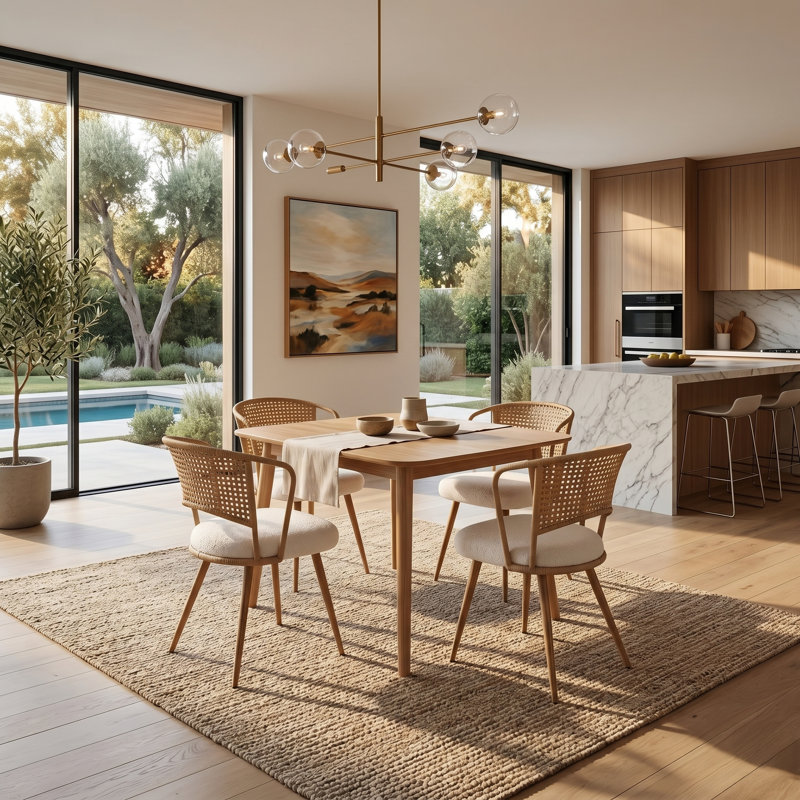 Natural Solid Wood Square Dining Table + Set Of 4 Wicker Brown Dining Chairs – Modern Bohemian Kitchen Dining Set, Natural