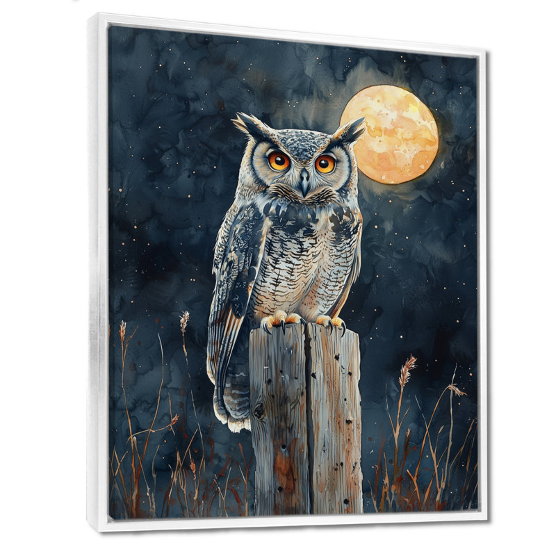 Shanell hibou sur le poteau de clôture I - art mural grand hibou, H 40 po x l 30 po, Reproduction avec cadre flottant, Blanc