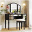 Ensemble de coiffeuse 43 "avec tiroirs en miroir et tabouret, miroir à trois volets, ensemble de coiffeuse pour la chambre à coucher, noir