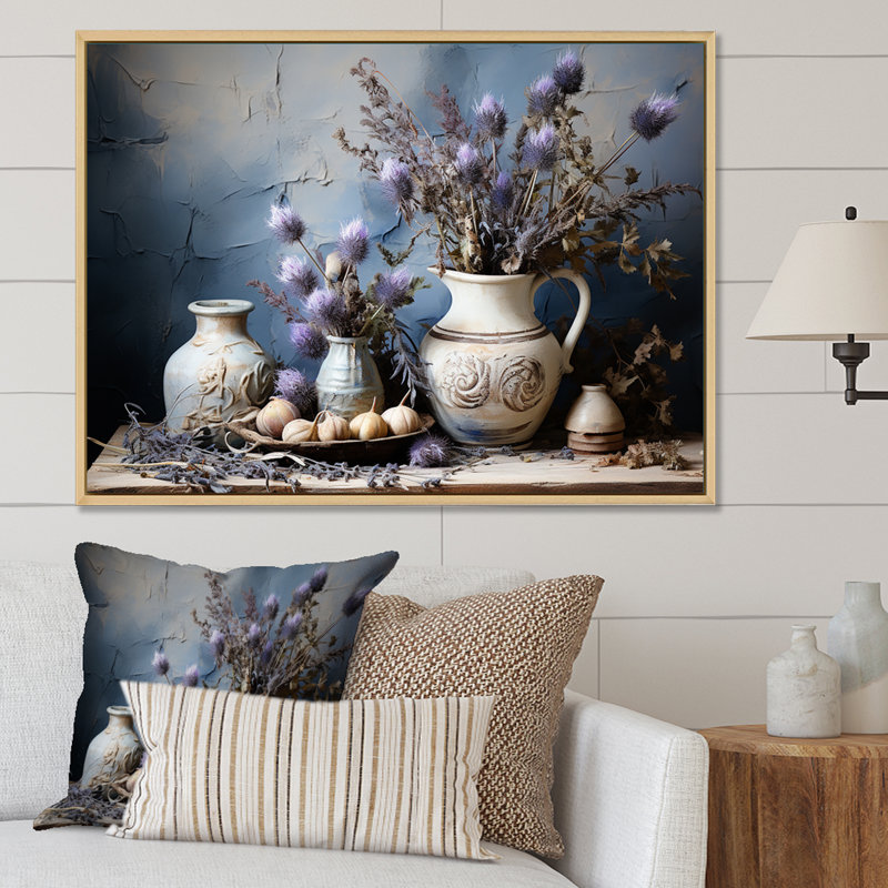 Thistle Farmhouse Still Life sur toile, Cadre flottant blanc, H 30 po x l 40 po