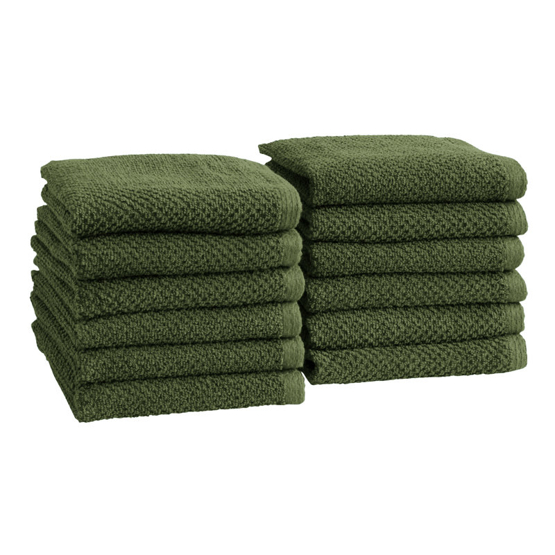 100% Cotton Textured Bath Sheet, Forest Green, Washcloth - 12 Pack