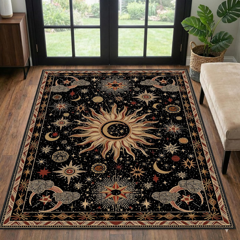 4X6 Area Rugs, Washable Vacuum-Friendly Non-Slip Rug Vintage Boho Sun And Moon Printed Pattern Low Pile Carpet For Living Room Bedroom Dining Room Hallway Entryway,Black Gold Beige Red