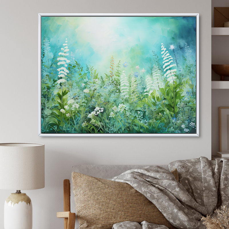 Fougères dans un champ de fleurs sauvages sur toile, Cadre flottant blanc, H 16 po x l 32 po x P 0,5 po