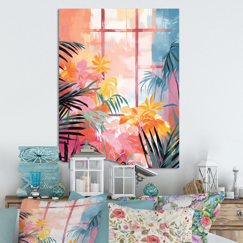 «Pastal Color Tropical Windows View 1 - Art floral abstrait en métal», H 32 po x l 16 po x P 1 po