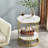 White Stone Side End Table 2-Tier Round Bedside Table With Storage Shelf