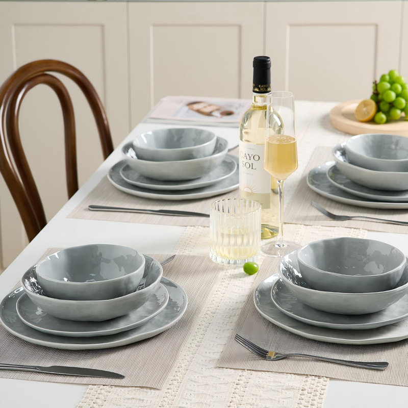 Ensemble 24 pièces de vaisselle, assiettes et bols pour 6, gris, Gris