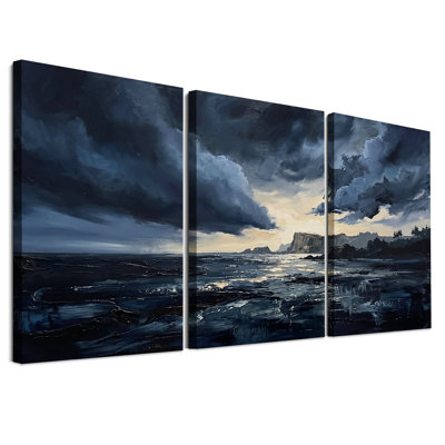 Dark Stormy Seascape with Rocky Cliffs Set Of 3 Canvas Wall Art