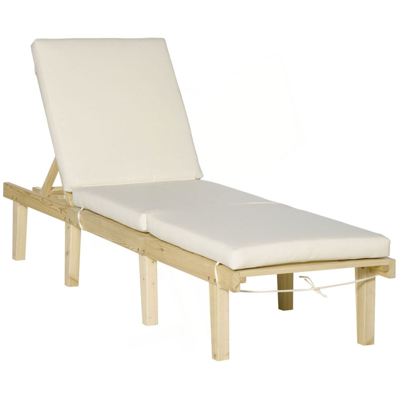 Chaise Lounge Chair, Patio Recliner With 4-Position Adjustable Backrest And Cushion, Pool Lounge Chair, Beige/Natural Wood