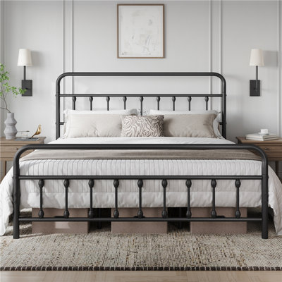 Classic Iron Platform Bed with High Headboard and Footboard