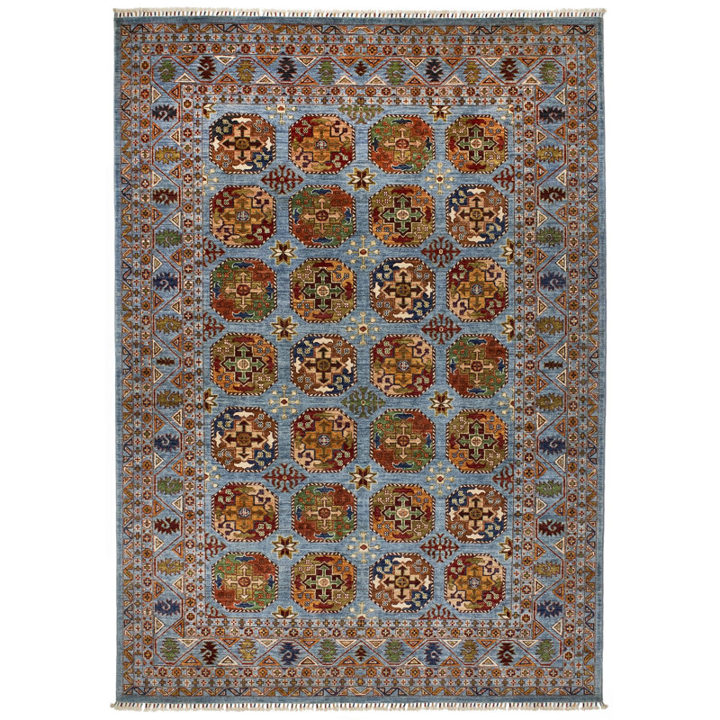 Tapis tribal turc 7 x 7 po bleu et multicolore