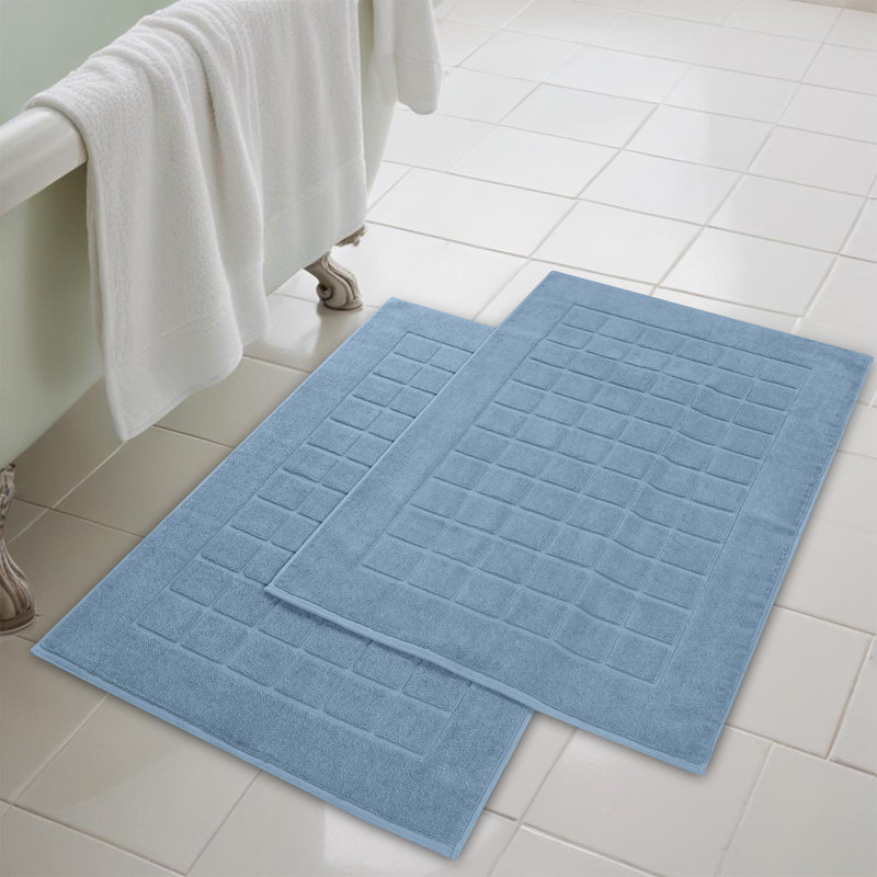 Nora Cotton Terry Solid Absorbent Thick Checkered Washable 2 Piece Bath Mat Set, Denim Blue