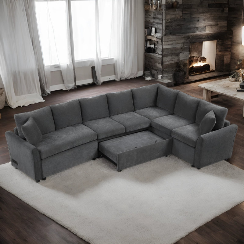Ivanovic 4-Piece Chenille Fabric Sectional Sofa with USB Ports and Pull Out Bed, Gray Chenille