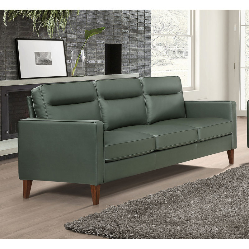 Green Faux Leather Tufted Track Arm Sofa with Wood Legs