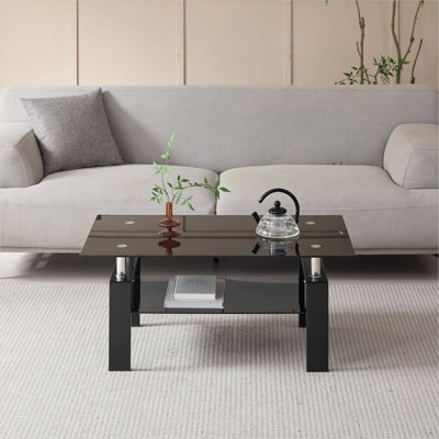 Table basse rectangulaire en verre avec tablette inférieure, cadre noir de 39 pouces, table de salon moderne
