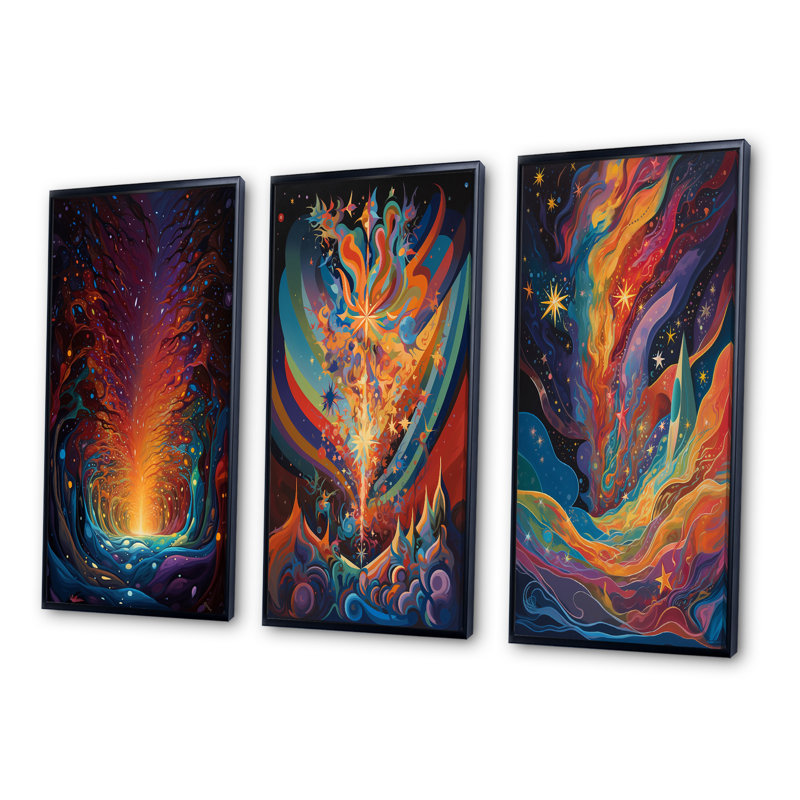 «Mysterious Rainbow Vision Landscape I», 3 pièces sur toile, H 20 po x l 36 po, Cadre flottant noir